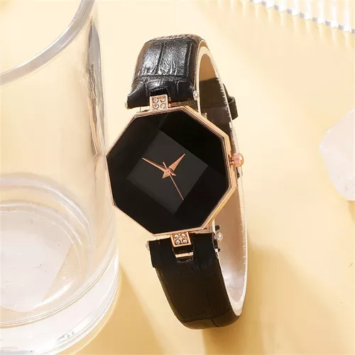  Reloj de pulsera de lujo para mujer, tono dorado, con correa de  cuero negro : Ropa, Zapatos y Joyería