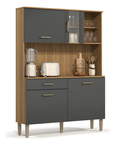 Kit Armário De Cozinha Viena Completa Compacto Com Balcão Multiuso Gaveta E Porta Cor Mel Grafite