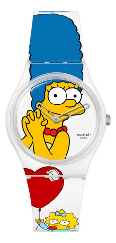 Reloj Swatch Marge Los Simpson Edicion Dia De Madre Correa Blanco Bisel Blanco Fondo Blanco
