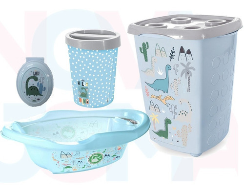 Kit Banho Saboneteira +lixeira + Banheira + Cesto Dinossauro