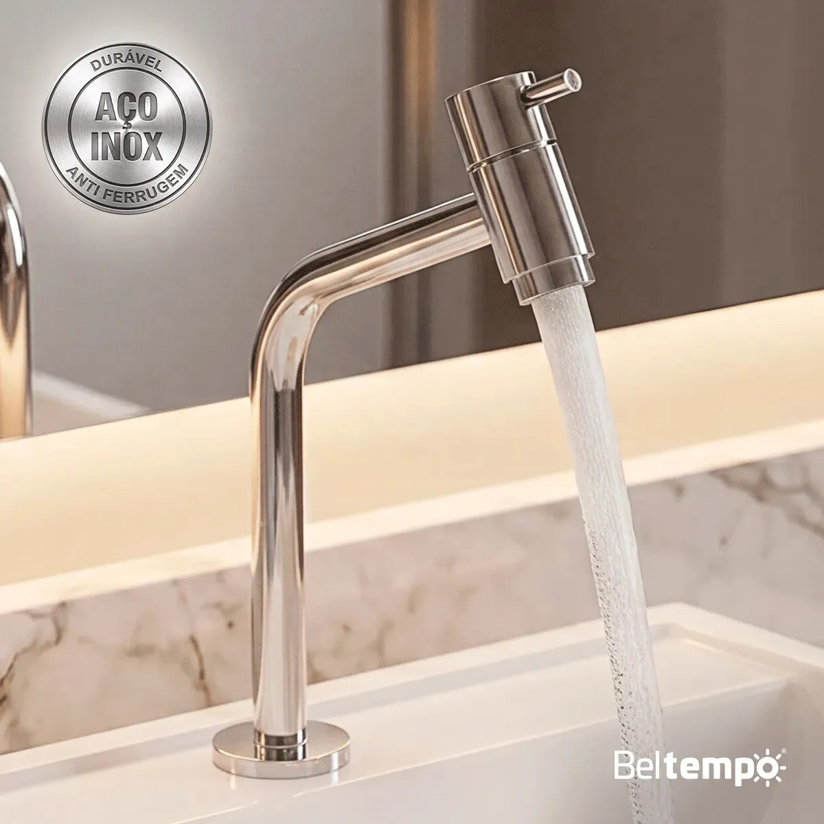 Torneira Banheiro Lavabo Bica Baixa Bancada Inox Cromada Link 45° Beltempo
