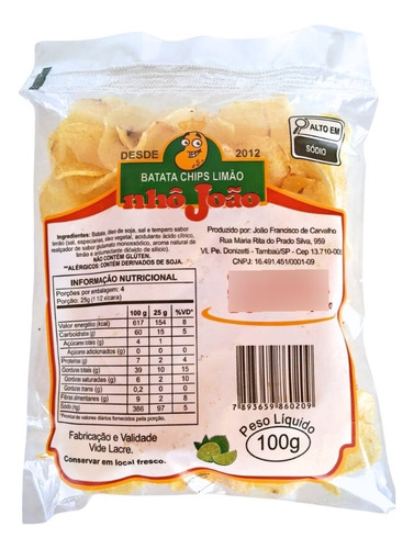 Batata Lisa Chips Sabor Limão Nhô João Pcte. 15 Unid. 100gr