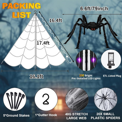 Tela De Araña Gigante Con 200 Luces Led Moradas 5m