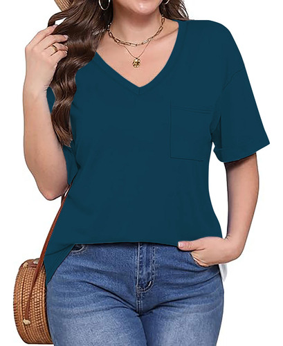 Top Casual De Verano De Manga Corta Con Cuello En V De Color