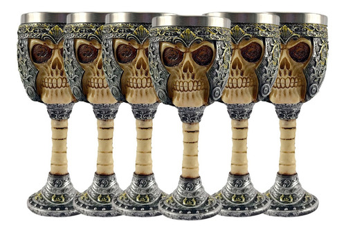 6 Taças Cálice Em Aço Inox E Resina Caveira Ossos Medieval