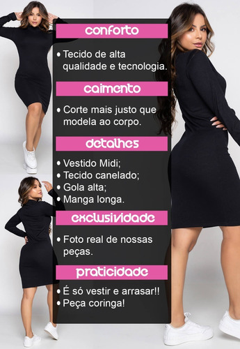 Imagem 7 de 9 de Vestido Manga Longa Midi Gola Alta Ribana Canelada Tubinho