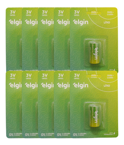 10 Pilhas Bateria Cilíndrica Cr123 3v Elgin 10 Blister C/1un