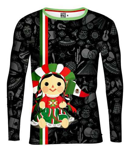 Playera Full Print Tradición Muñeca Típica México Negra 