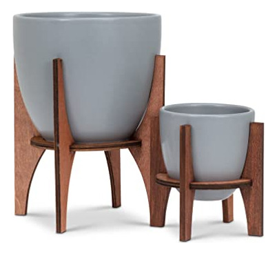 Maceta Pequeña Con Soporte De Madera, Gris, 10 Cm