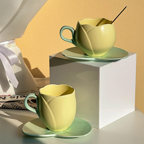 Taza De Tulipán, Taza De Café De Cerámica Con Asa, Platillo