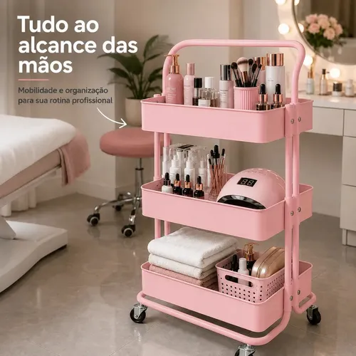 Carrinho Multiuso Organizador 3 Prateleiras Em Ferro Cor Rosa
