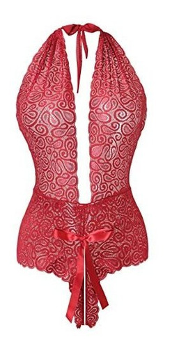 Mujer Halter Plunging Teddy Lingerie Floral Lace One 6bf8p