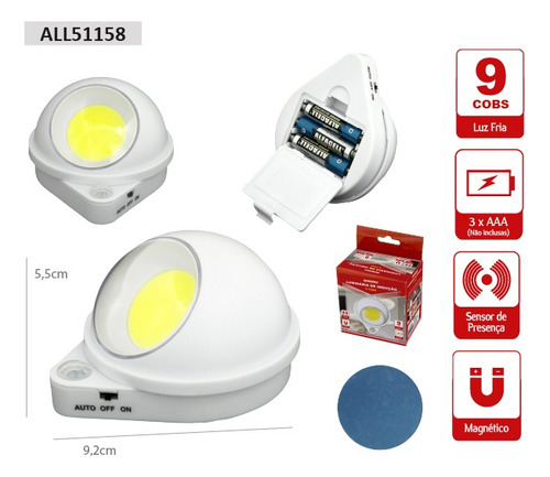 10 Luminária Led Sensor Presença Armários Recarregável Usb Cor Branco