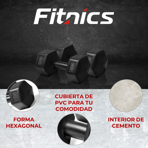 Mancuernas 5kg C/u 10kg Total Pvc Cementada Hexagonal Set 2 Fitnics