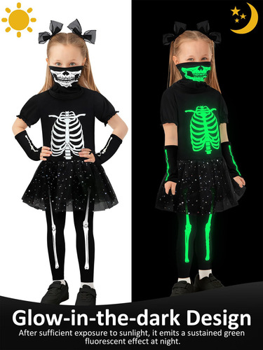 Disfraz De Esqueleto De Halloween Para Niñas Que Brillan En