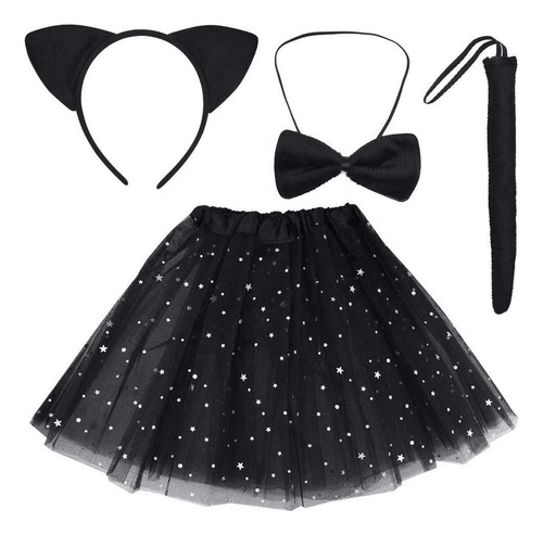 Conjunto De Disfraz De Gato Negro Para Niñas Con Cola, Oreja