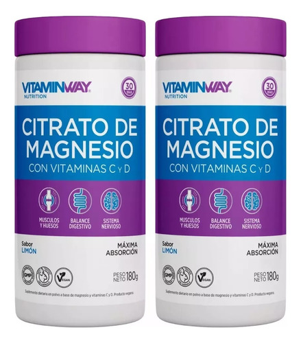 Citrato De Magnesio En Polvo Bebible 180 Gr Vitamin Way X2
