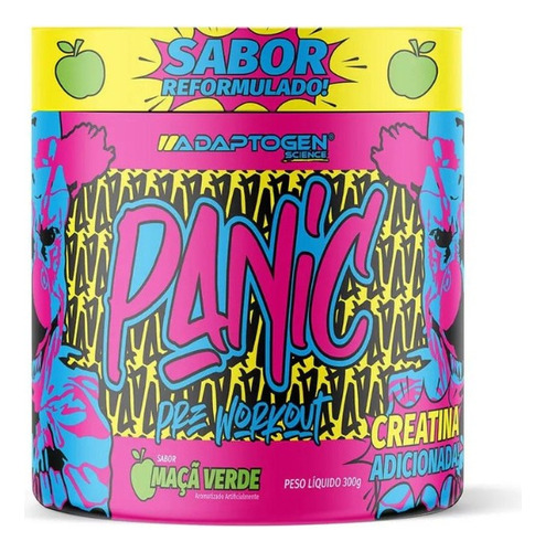 Panic 300g Pré Treino Adaptogen Pré Workout C/ Creatina Adc Sabor Maçã Verde