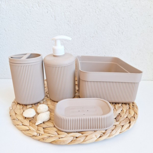 Set De Baño Dispenser Organizador Jabonera Portacepillos Beige