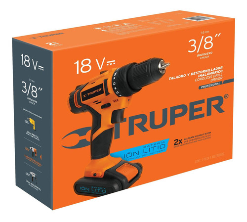 Imagen 3 de 3 de Taladro atornillador inalámbrico de 9.5mm Truper TALI-18A2 18V + accesorios 127V 60Hz