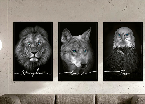 Marco decorativo Frases Lion Discipline Execution Focus, 60 colores, marco negro, color negro