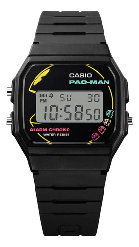 Reloj Casio Pac-man F-91wpc-1a Correa Negro Bisel Negro Fondo Negro