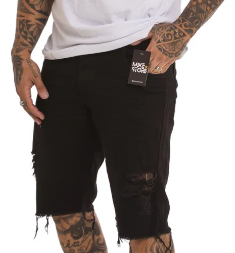 Short jeans preto store masculino rasgado