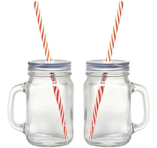 12 Tarros Mason Jar Con Tapa Y Popote 470 Ml Mayoreo Liso Color Transparente