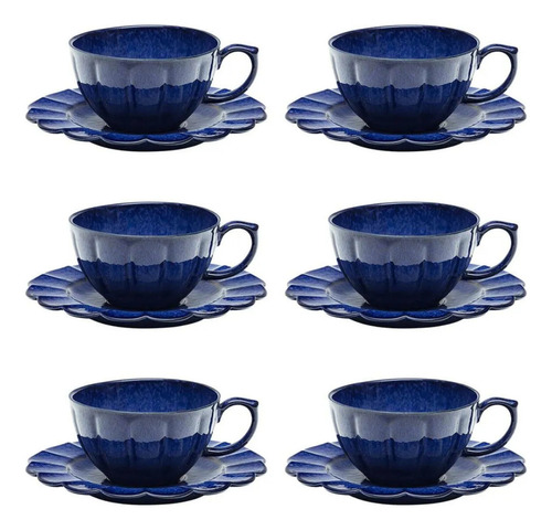 Jogo De 6 Xícaras De Chá 220 Ml Com Pires Flora Amor-perfeito Azul Oxford