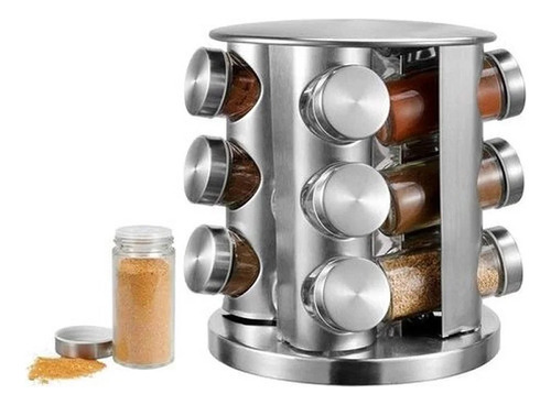 Porta Tempero Giratório 360 Com 12 Potes Vidro Suporte Inox