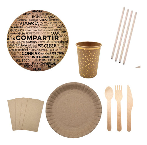 Pack Set Combo Kit Cumple Kraft Eco Campestre Plato Vaso 