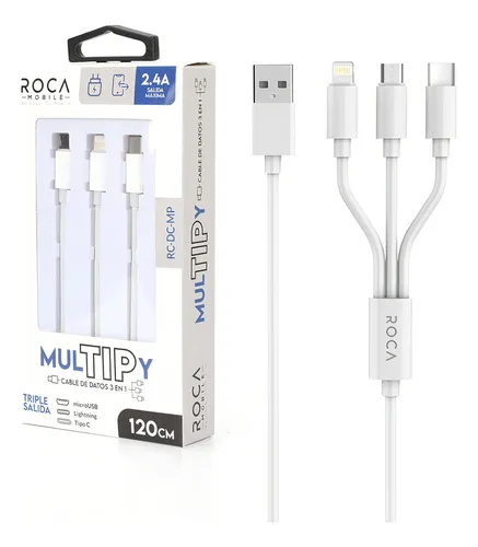 Cable 3 En 1 Micro Usb Tipo C Compatible Lightning Roca 1.2m Color Blanco