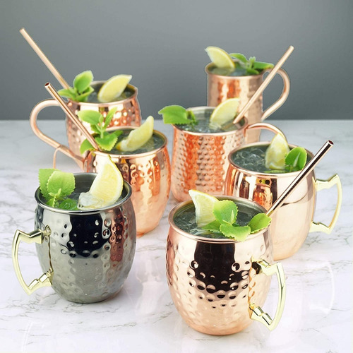 Imagen 1 de 3 de Set De 4 Tazon Mug Cobre Martillado 500 Ml + Bombilla Metal