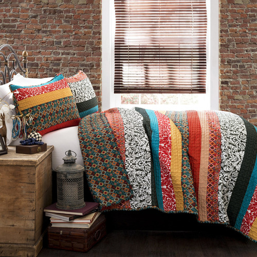 Juego De Colcha Boho Rayas 3 Unidades Full Queen Turquesa