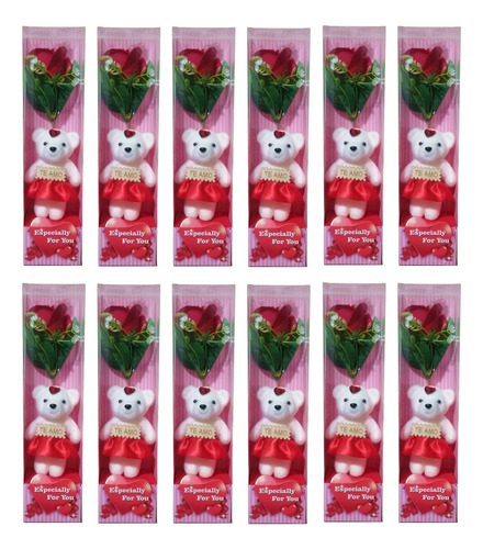 Pack 12 Rosas Artificiales Con Oso Te Amo Caja 7x7x28cm