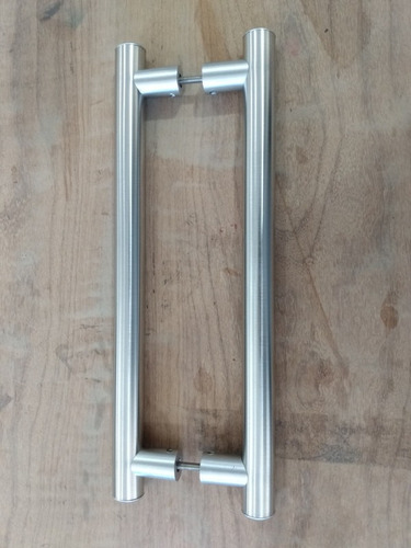 Imagem 3 de 5 de 1 Par Puxador Maçaneta Inox Duplo Polido Madeira Vidro 35,5