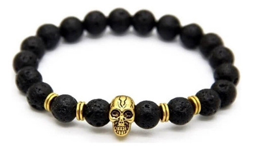 Pulseira Masculina Pedra Lava Vulcânica Com Caveira Dourada