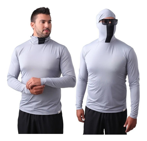 Camisa De Pesca Proteção Uv50+ Com Touca Ninja Cinza Claro