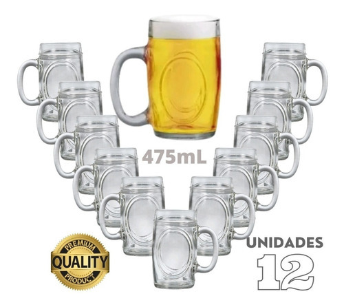 Conjunto Com 12 Canecas De Chopp Cerveja De Vidro 475 Ml
