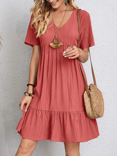 Vestido Midi De Manga Corta Con Cuello En V Para Mujer