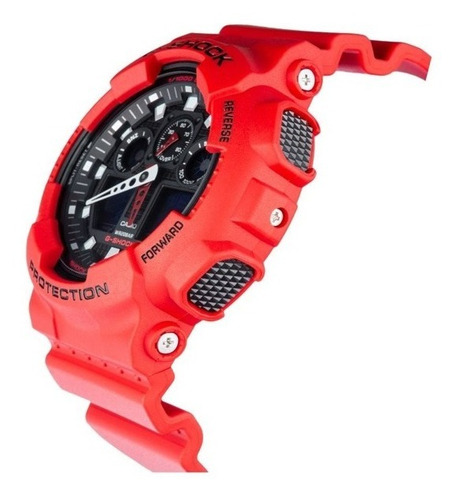 Imagen 7 de 7 de Reloj de pulsera Casio G-Shock GA-100 de cuerpo color rojo, analógico-digital, para hombre, fondo negro, con correa de resina color rojo, agujas color blanco y rojo, dial blanco, subesferas color negro y gris, minutero/segundero blanco, bisel color rojo y negro y hebilla doble