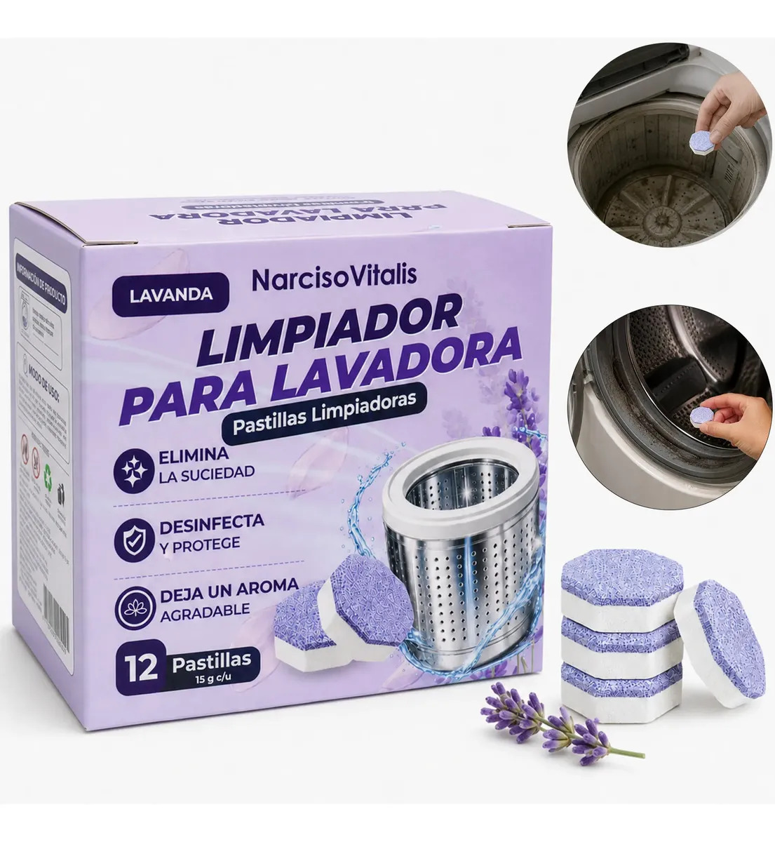 Limpiador de Lavadora 12 Pastillas, Tabletas Limpiadoras del Tambor, Desinfectante, Elimina Bacterias y Malos Olores, Aroma a Lavanda, para Lavadoras de Carga Frontal y Superior, L