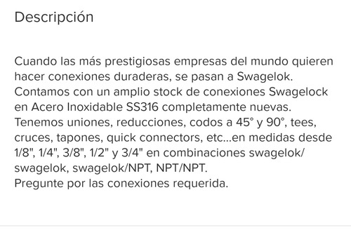 Conexiones Swagelok En Ss316 Completamente Originales.