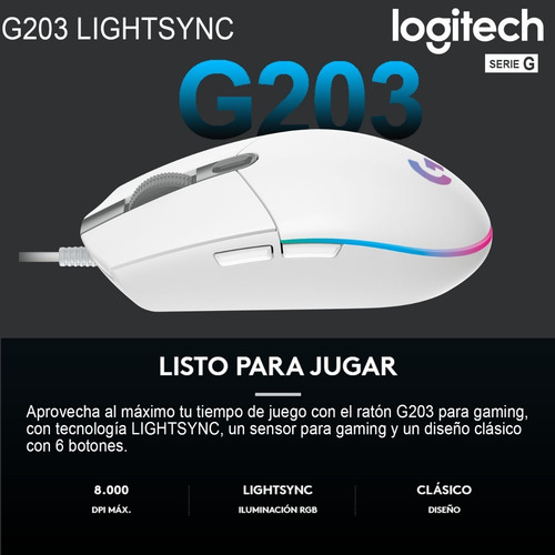 Imagen 3 de 5 de Mouse Gamer Logitech G203 Lightsync Rgb 8000 Dpi Blanco