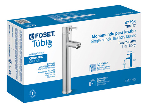 Llave Para Lavabo Monomando Alto, 30cm Cromo 47793