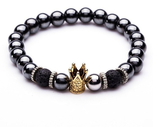 Pulsera Manilla Corona Cz Piedras Naturales Hematita Hombre