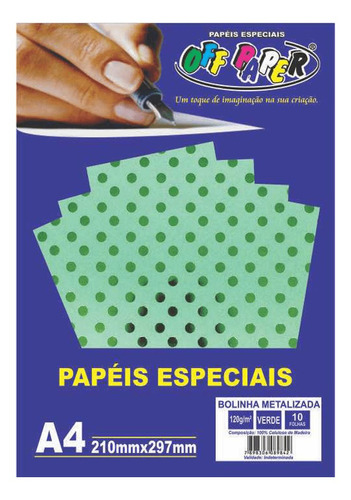 Kit 10 Papéis Bolinha Metalizada Verde A4 120g - Off Paper Cor Verde com bolinhas