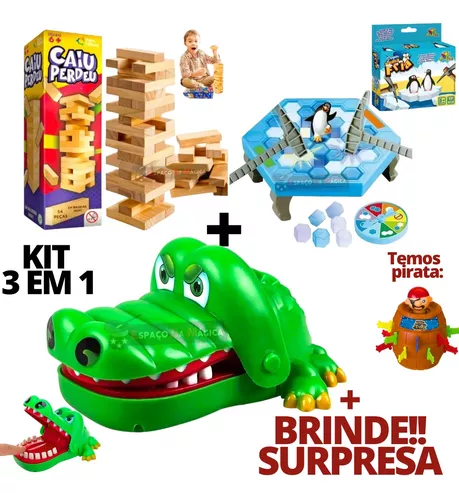 Kit Brinquedos Crocodilo Torre Caiu Perdeu Jogo Pinguim Gelo