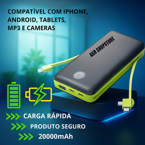 Power Bank Carregador Portátil 20000mah Powerbank Sem Fio Universal Android iPhone Usb Asb Shopstore