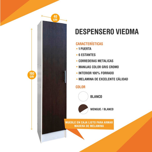 Imagen 5 de 9 de Despensero Cocina 1 Puerta 1.80m X 0,40m Organizador Blanco